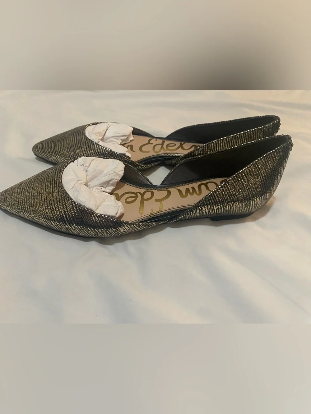 Sam Edelman Metallic Gold Textured Pointed-Toe D'Orsay Flats